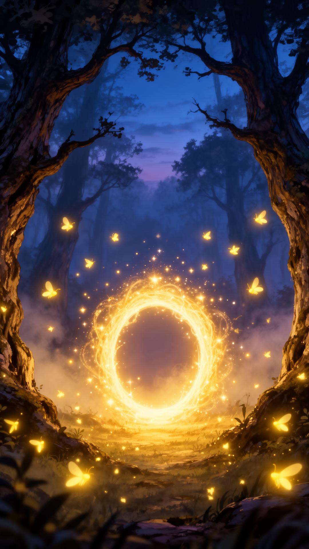 A glowing magical portal in an enchanted forest
